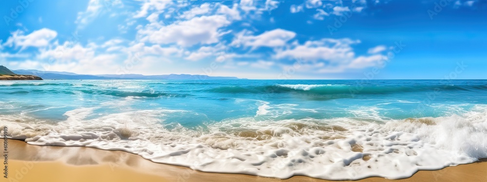 Beautiful panoramic seascape with surf waves against a blue sunny sky with clouds. Natural Mediterranean beach