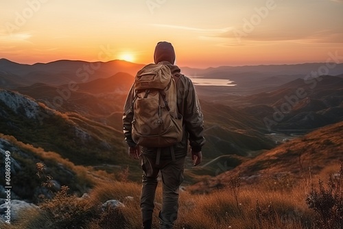 Man hiking at sunset mountain with heavy backpack