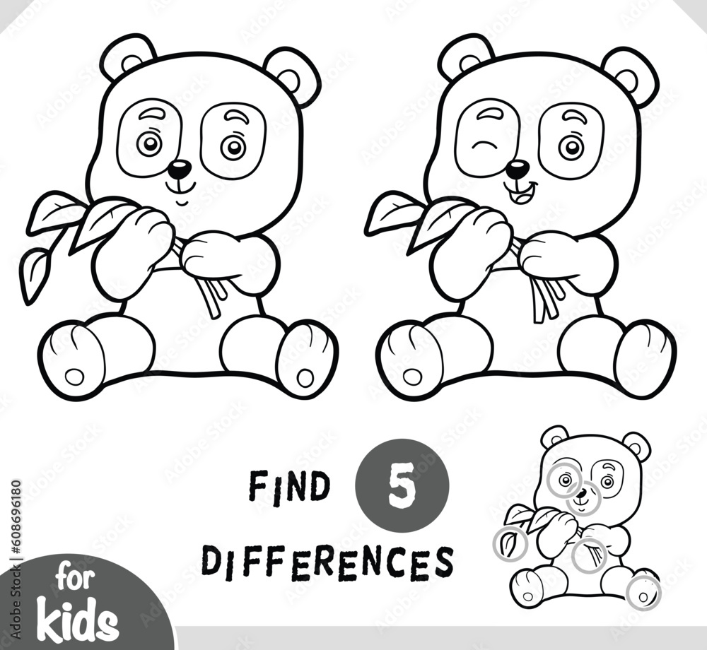 Cute cartoon panda animal, find differences educational game for kids ...