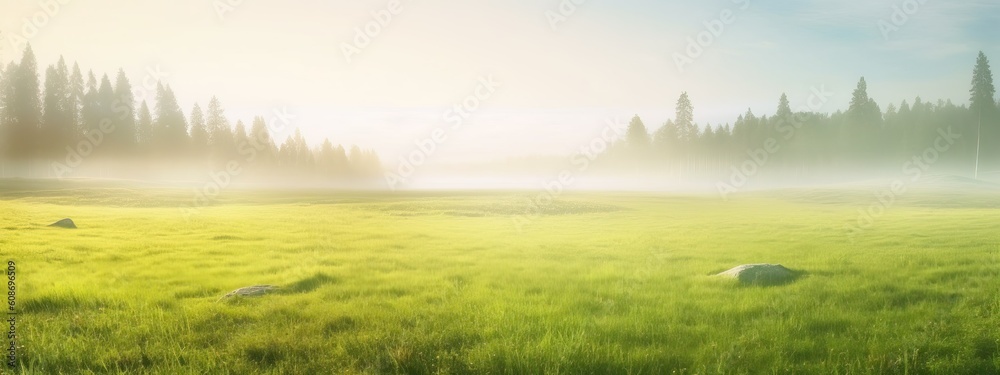 Beautiful summer natural landscape with lawn with cut fresh grass in early morning with light fog. Panoramic spring background