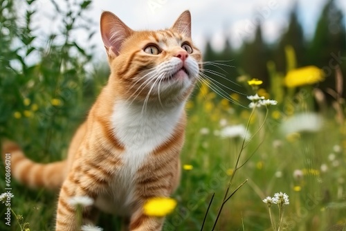 Ginger cat jumping over meadow (Ai generated)