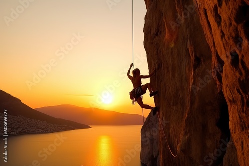 silhouette of Rock climber at sunset. (Ai generated) © thesweetsheep