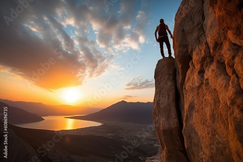 silhouette of Rock climber at sunset.  Ai generated 