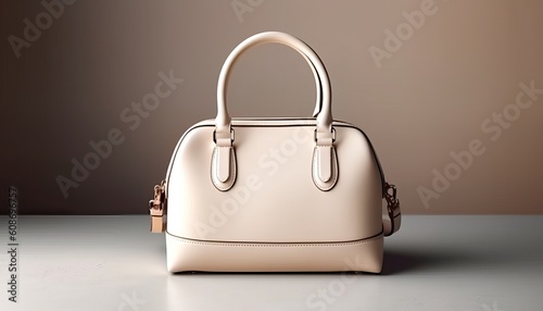 Beautiful trendy smooth youth women's handbag in cream color on a light grey studio background