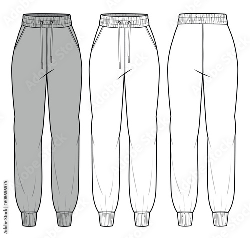 Ladies joggers front and back view technical flat sketch vector template