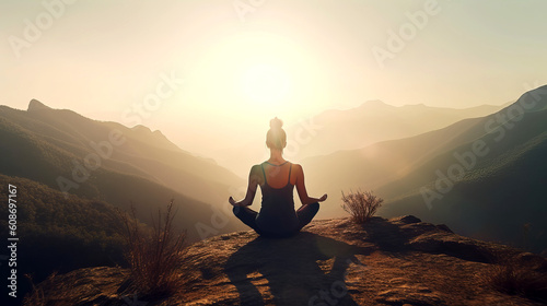Young girl doing yoga fitness exercise outdoor in beautiful mountains landscape. Morning sunrise
