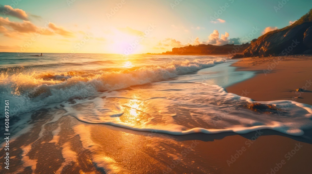 Summer landscape of ocean waves washing the sand beach during sunset. Generative AI.