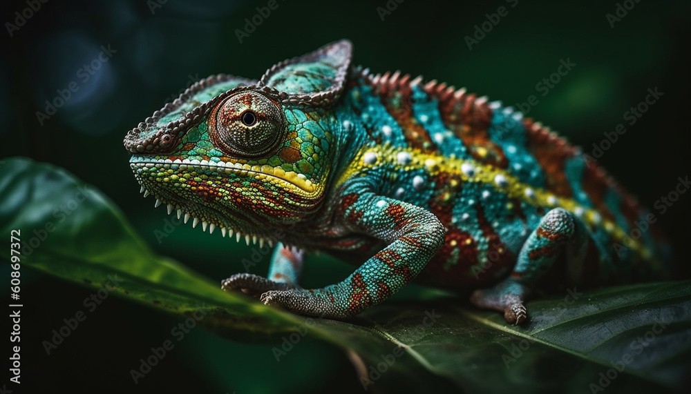 Fototapeta premium The veiled chameleon green and blue scales shine in magnification generated by AI