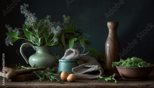 Fresh vegetable arrangement on rustic table brings healthy lifestyle indoors generated by AI © djvstock