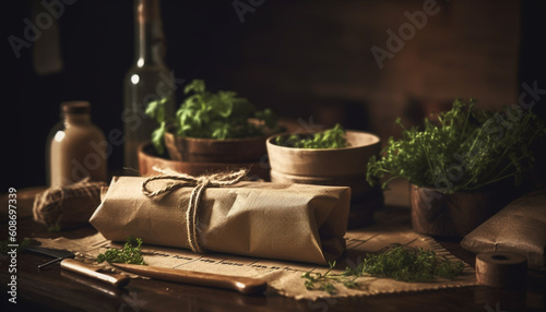 Fresh organic parsley in a rustic bottle on wooden table generated by AI