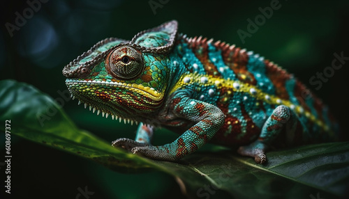 The veiled chameleon green and blue scales shine in magnification generated by AI