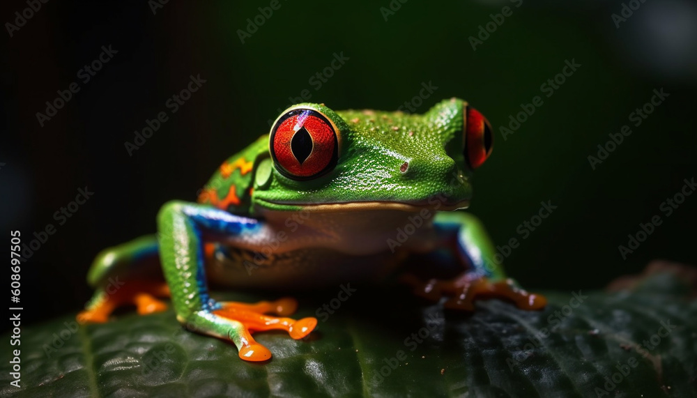 Fototapeta premium Red eyed tree frog sitting on leaf, looking at camera generated by AI