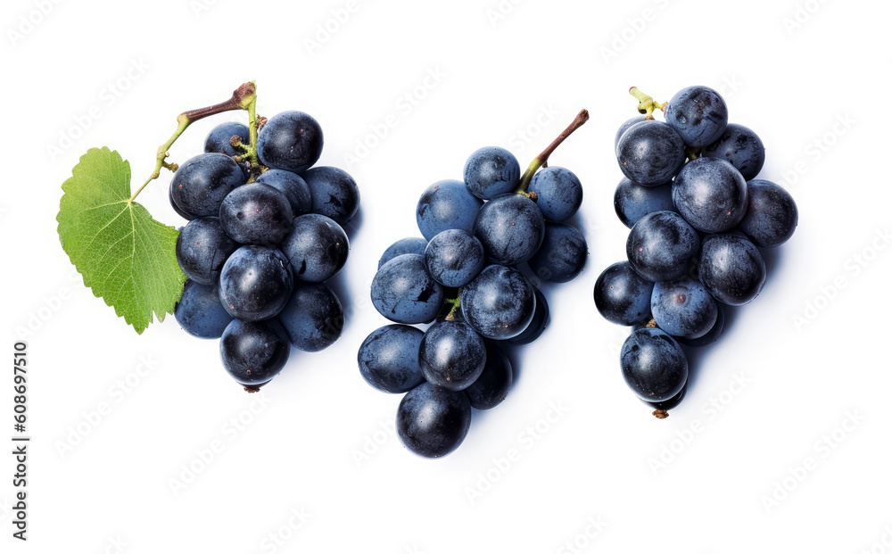 Bunch of Blue grapes isolated on white or black background with leaves. Generative Ai. Bunch of Blue grapes isolated on white or black background with leaves. Generative Ai.