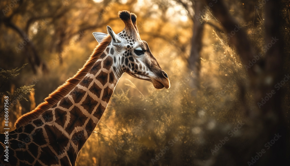 Fototapeta premium Sunset safari Giraffe spotted beauty in nature, looking at camera generated by AI
