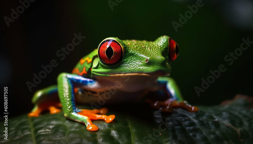 Red eyed tree frog sitting on leaf, looking at camera generated by AI