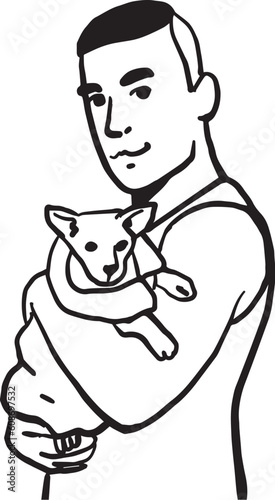 Cartoon happy young man having a cat as a friend