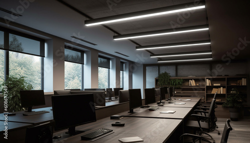 Modern office design with bright lighting and clean technology equipment generated by AI