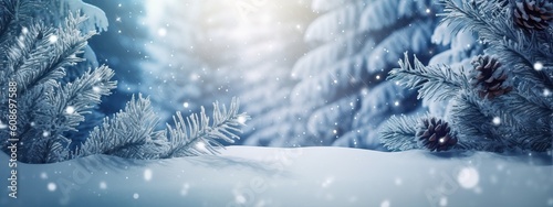 Blue winter christmas nature background frame, wide format. Snow covered fir branches, snowdrift against defocused blurred forest and falling snow. Close-up, copy space © Eli Berr