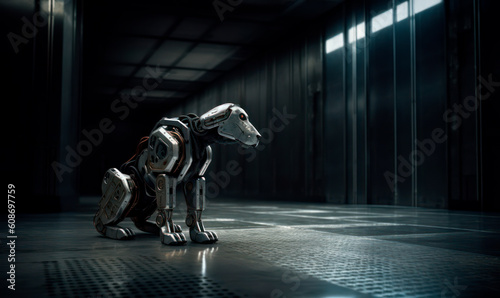 High-Tech robot dog in military hangar. Generative AI