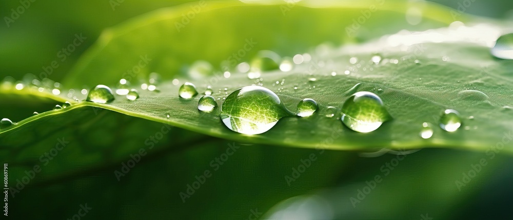 Beautiful large drop morning dew in nature, selective focus. Drops of clean transparent water on leaves. Sun glare in drop. Image in green tones. Spring summer natural background Beautiful large drop morning dew in nature, selective focus. Drops of clean transparent water on leaves. Sun glare in drop. Image in green tones. Spring summer natural background
