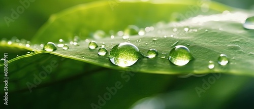 Beautiful large drop morning dew in nature, selective focus. Drops of clean transparent water on leaves. Sun glare in drop. Image in green tones. Spring summer natural background