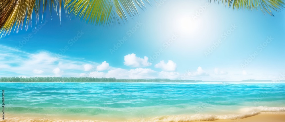 Summer landscape, nature of tropical golden beach and leaf palm, soft focus. Golden sand beach with glare in water, turquoise sea water, blue sky, white clouds. Copy space, summer vacation concept