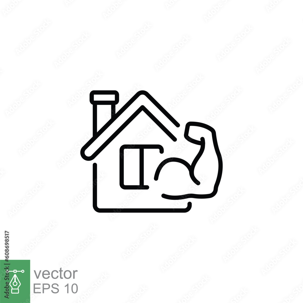 Home workout icon. Simple outline style. Gym, exercise, house training, active, fitness, fit, sport concept. Thin line symbol. Vector illustration isolated on white background. EPS 10. Home workout icon. Simple outline style. Gym, exercise, house training, active, fitness, fit, sport concept. Thin line symbol. Vector illustration isolated on white background. EPS 10.