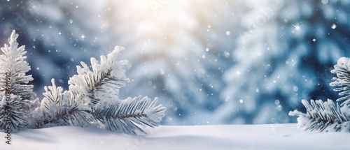 Blue winter christmas nature background frame, wide format. Snow covered fir branches, snowdrift against defocused blurred forest and falling snow. Close up, copy space © Eli Berr