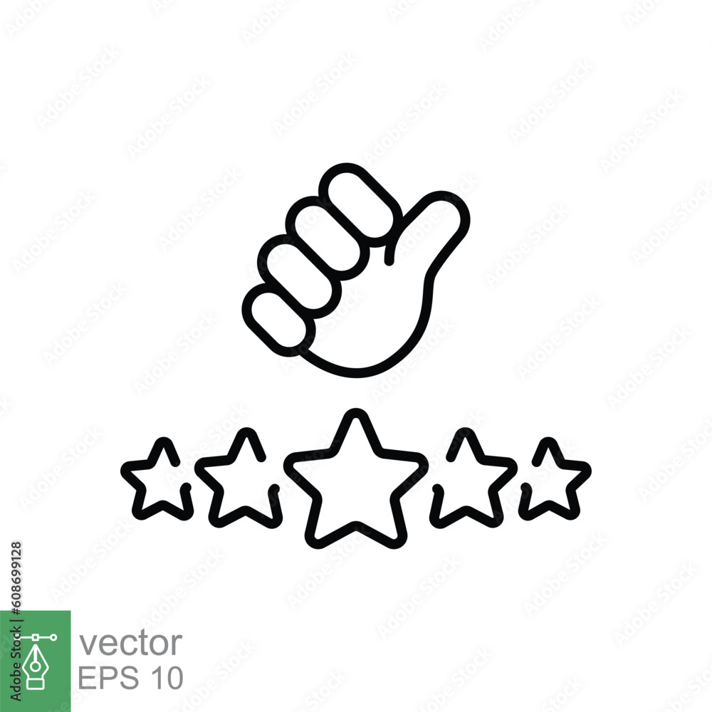 Fototapeta premium Customer review icon. Simple outline style. 5 stars rate with thumb up, satisfaction, good quality concept. Thin line symbol. Vector illustration isolated on white background. EPS 10.