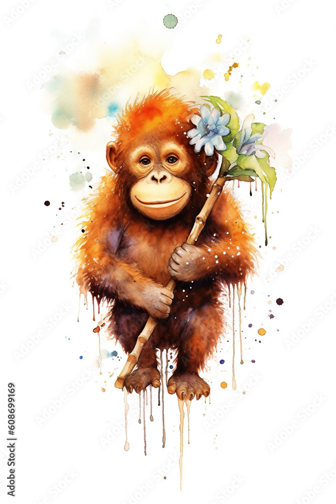Fototapeta premium A painting of a monkey holding a flower. Generative AI.