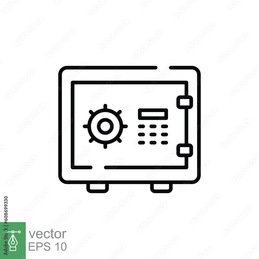 Safe box icon. Simple outline style. Safety, vault, money deposit, bank, strongbox, secure, locker concept. Thin line symbol. Vector illustration isolated on white background. EPS 10. Safe box icon. Simple outline style. Safety, vault, money deposit, bank, strongbox, secure, locker concept. Thin line symbol. Vector illustration isolated on white background. EPS 10.