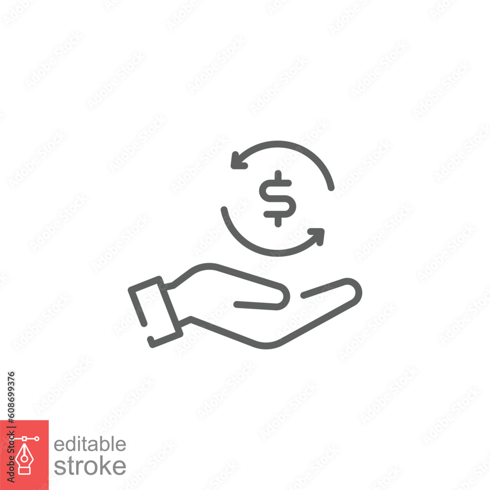 Cashback icon. Simple outline style. Money back, refund, rebate, return, hand hold coin, business concept. Thin line symbol. Vector illustration isolated on white background. Editable stroke EPS 10. Cashback icon. Simple outline style. Money back, refund, rebate, return, hand hold coin, business concept. Thin line symbol. Vector illustration isolated on white background. Editable stroke EPS 10.