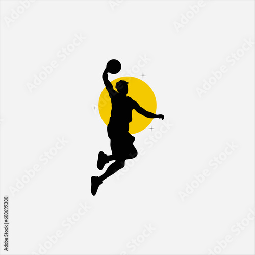 Basketball tournament logo. Silhouette of basketball player jump for the slam dunk isolated on white background.