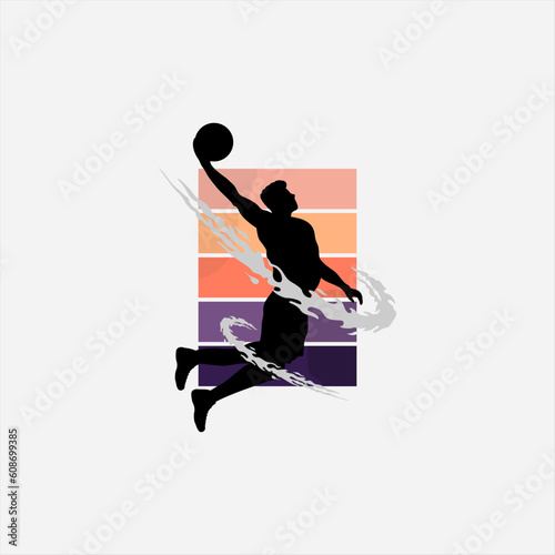 Basketball tournament logo. Silhouette of basketball player jump for the slam dunk isolated on white background.