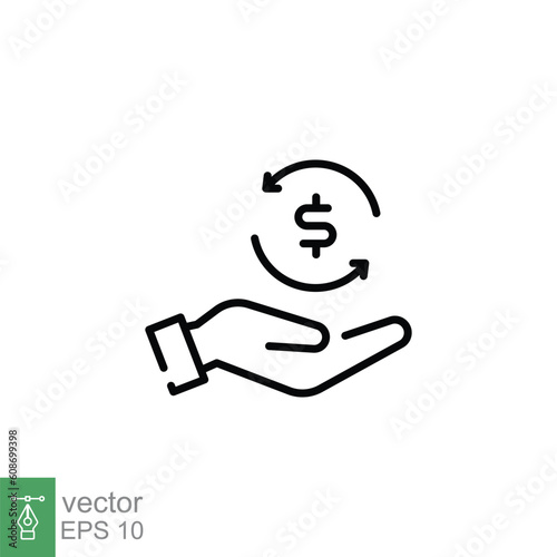 Cashback icon. Simple outline style. Money back, refund, rebate, return, hand hold coin, business concept. Thin line symbol. Vector illustration isolated on white background. EPS 10.