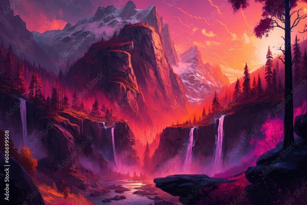 Abstract landscape mountains and waterfalls, The sky is ablaze with vibrant hues of orange, pink, and purple as the sun sets on the horizon, AI generated