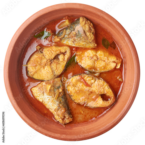 Photography spicy and hot fish curry in a clay pot or bowl isolated background, seafood cook