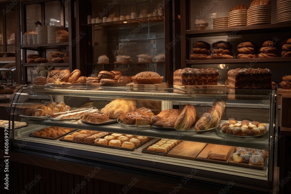 Modern bakery shop, a delicious variety of freshly baked, AI generated