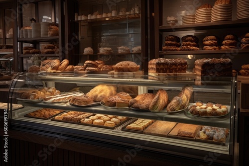 Modern bakery shop, a delicious variety of freshly baked, AI generated