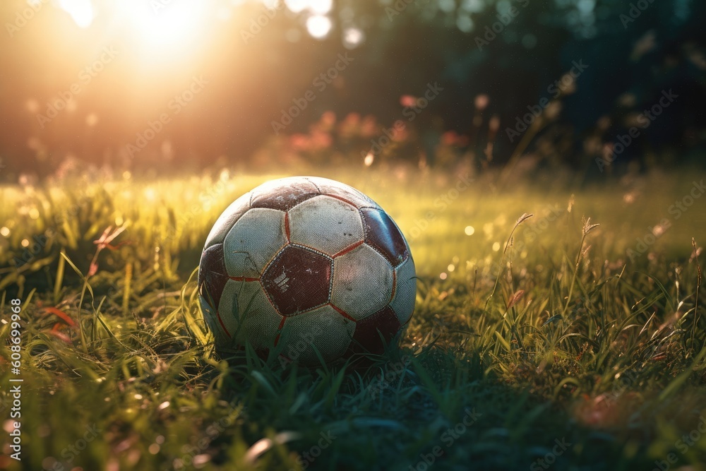 Fototapeta premium Closeup football on grass in football field, generative AI