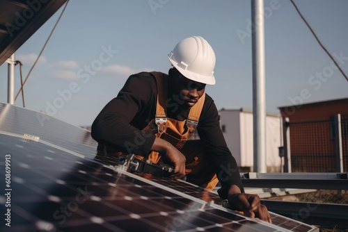 Technician engineer worker working installing solar panels, generative AI