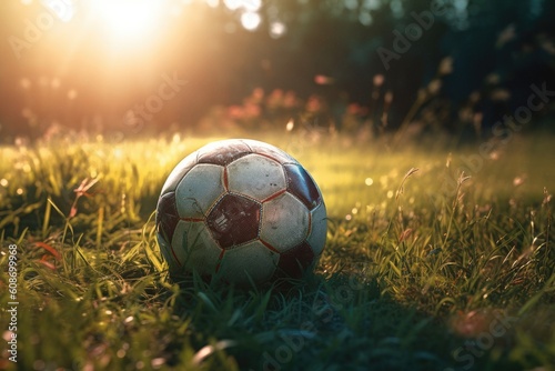 Closeup football on grass in football field, generative AI