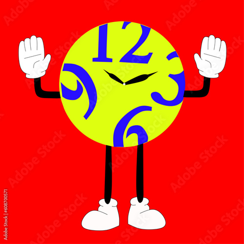 an illustration of a cartoon clock with a red background. suitable for the introduction of clocks in children