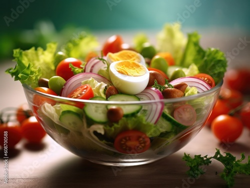 close-up of a healthy salad mix with tomato, cucubers, onion, egg and more, generative ai photo