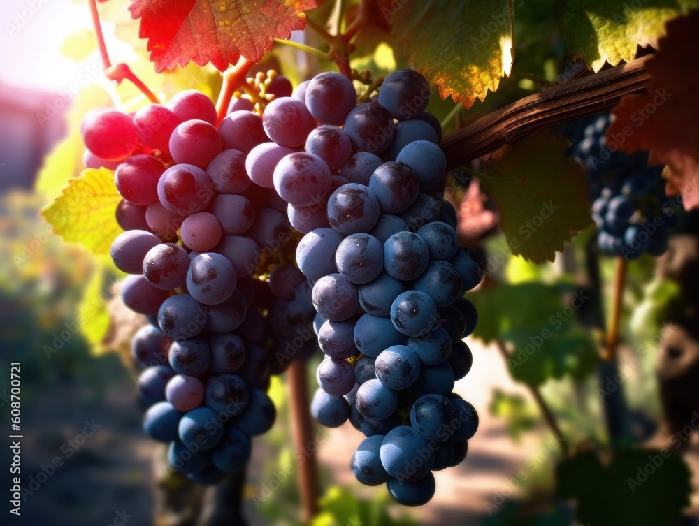 ripe grapes on a vine in a vineyard on a sunny day, generative ai