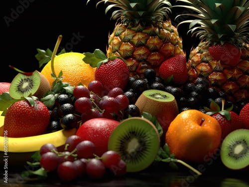 arrangement of differend fresh fruits with a dark background  generative ai