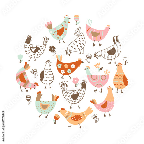 Modern set with hens, eggs and flowers.