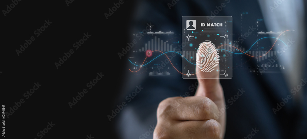 Businessman scanning with fingerprint technology digital programs futuristic, finger scanning, privacy, password, cyber security, cloud online technology to protect client IT lock icon.security Businessman scanning with fingerprint technology digital programs futuristic, finger scanning, privacy, password, cyber security, cloud online technology to protect client IT lock icon.security