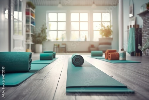 Yoga equipment neatly arranged. The studio has a large windows letting in natural light  creating a peaceful and inviting atmosphere.