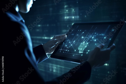 Wireless Technology. Person Touching Computer Screen in Network Communication. Technology concept